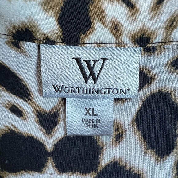 Worthington Silk Blouse Womens XL Brown Leopard Print Long Sleeve Button Up Top - Picture 8 of 10